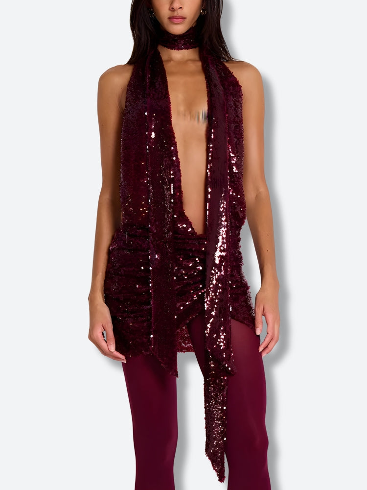 Sequin Halter Neck Backless Mini Dress