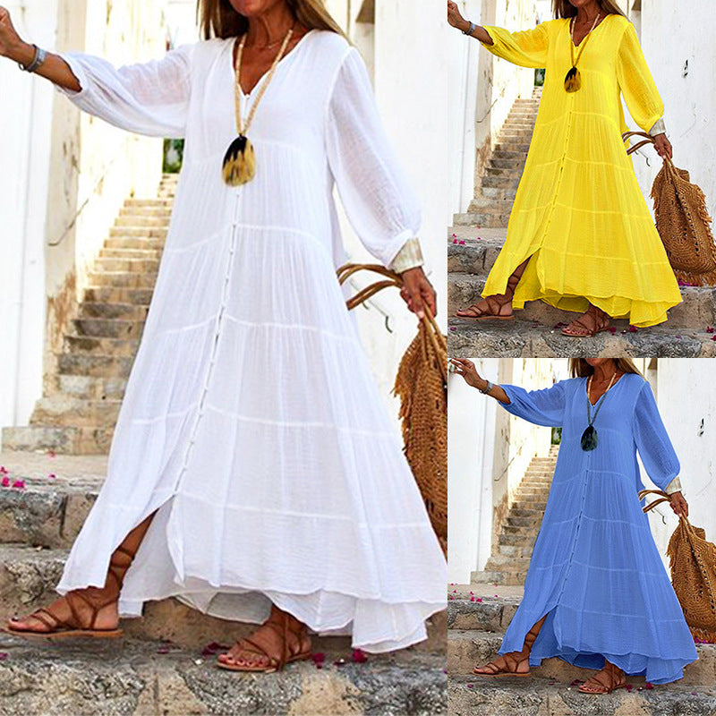 V-Neck Long Sleeve Button Up Tiered Maxi Dress