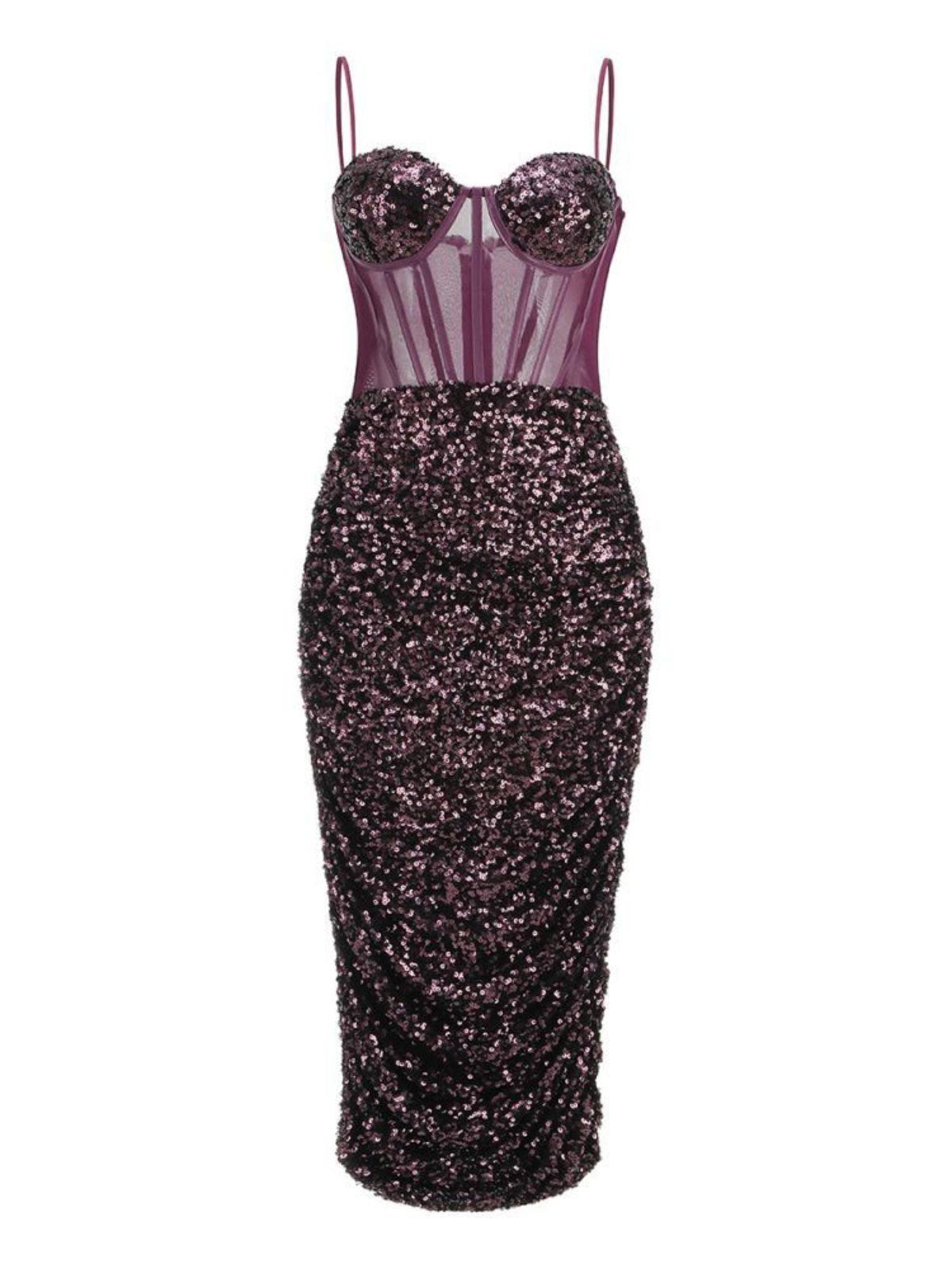 Spaghetti Strap Sequin Corset Ruched Bodycon Midi Dress
