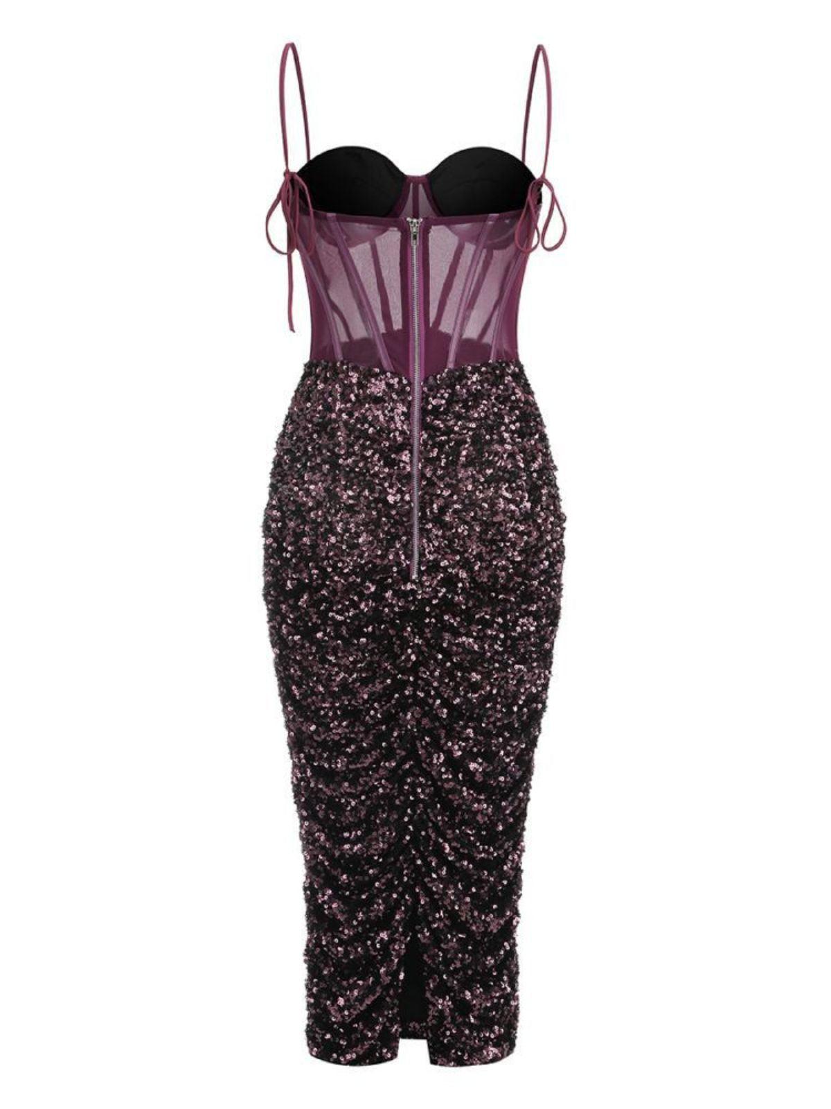 Spaghetti Strap Sequin Corset Ruched Bodycon Midi Dress