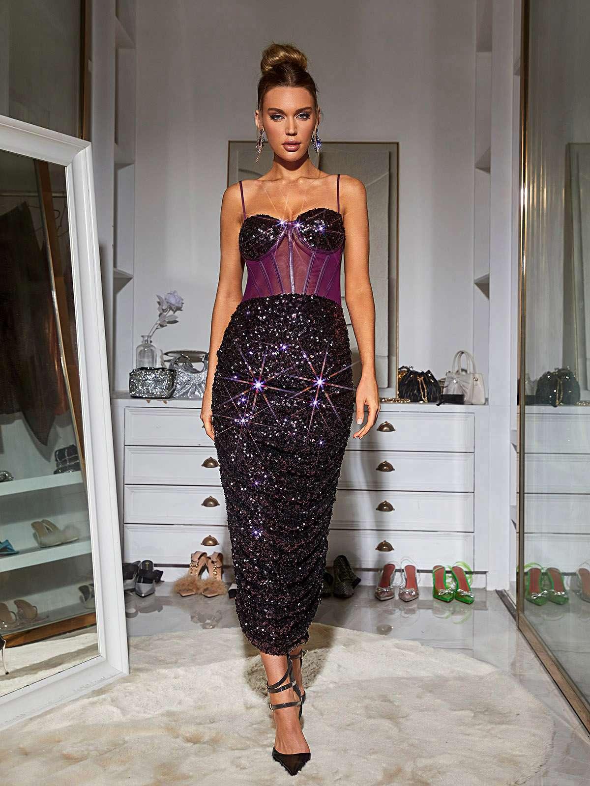 Spaghetti Strap Sequin Corset Ruched Bodycon Midi Dress