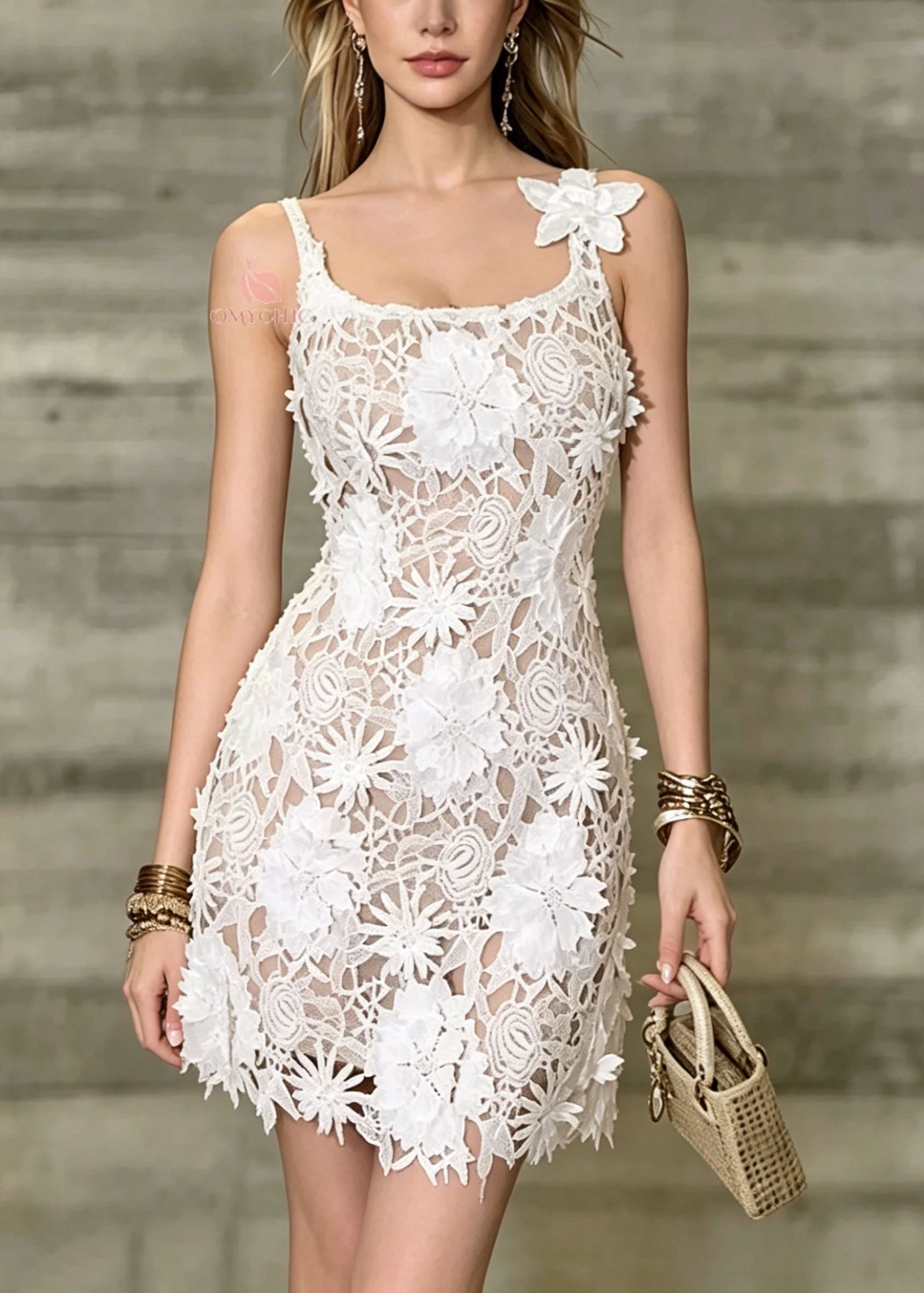 Sexy Apricot Floral Slim Fit Lace Spaghetti Strap Dresses Summer 3