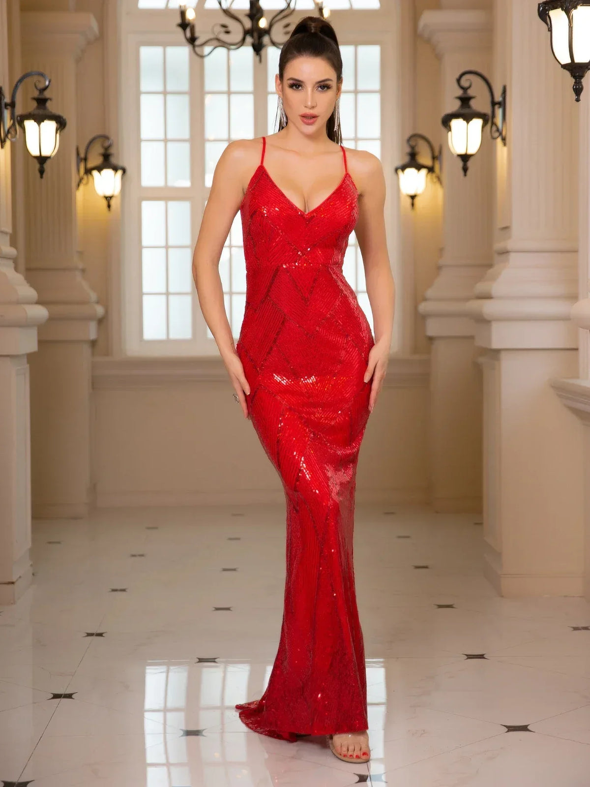 Sequin Deep V-Neck Spaghetti Strap Mermaid Maxi Gown with Train 7
