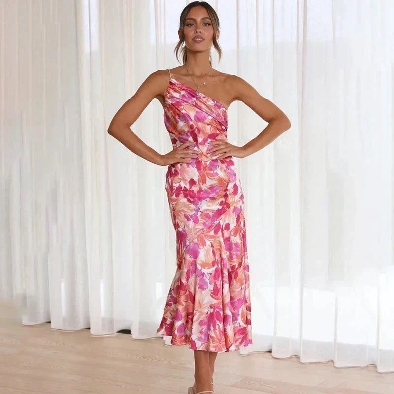 Floral One Shoulder Satin Midi Dress