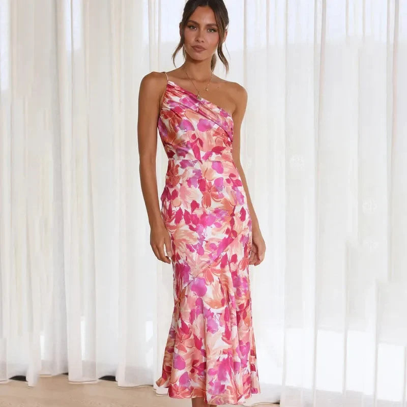 Floral One Shoulder Satin Midi Dress