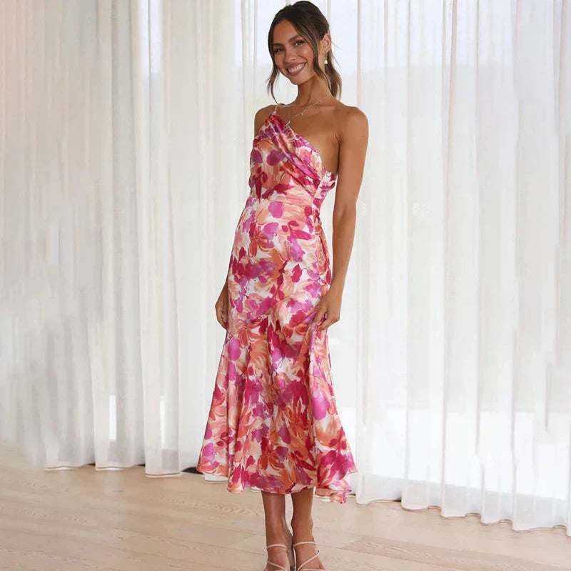 Floral One Shoulder Satin Midi Dress