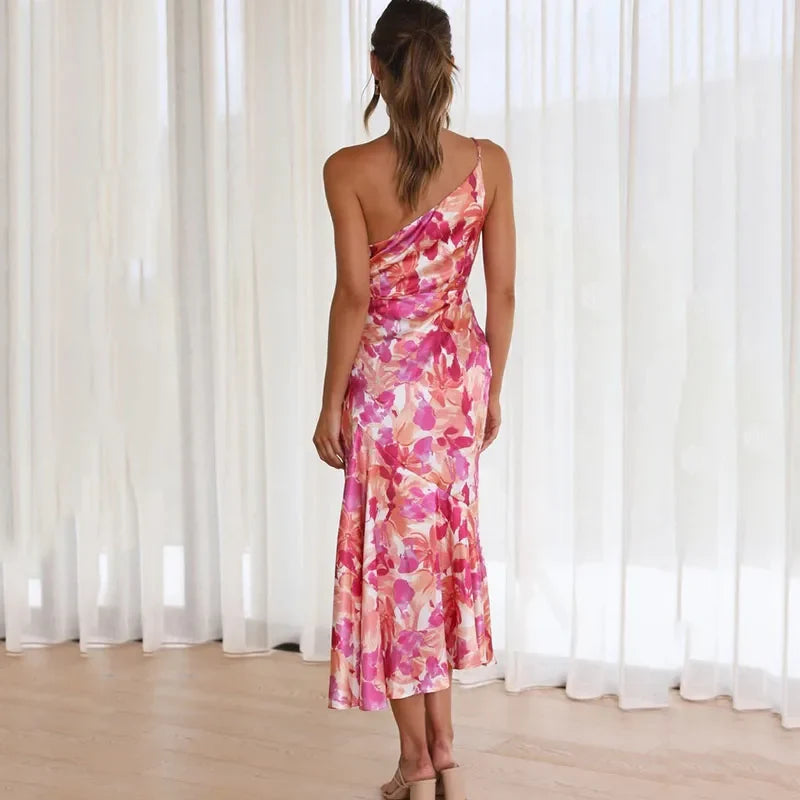 Floral One Shoulder Satin Midi Dress