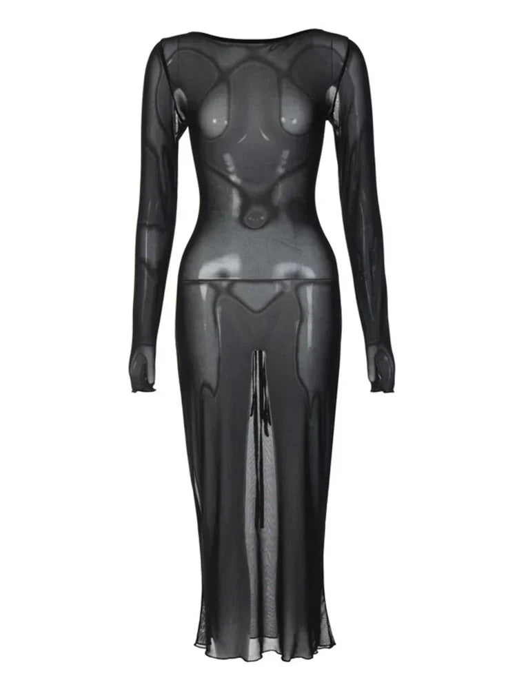 Sheer Mesh Boat Neck Long Sleeve Bodycon Midi Dress 5