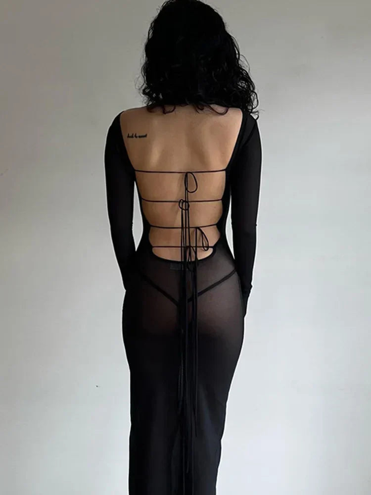 Sexy Backless Strappy Elegant Long Tulle Maxi Midi Dresses - View 4