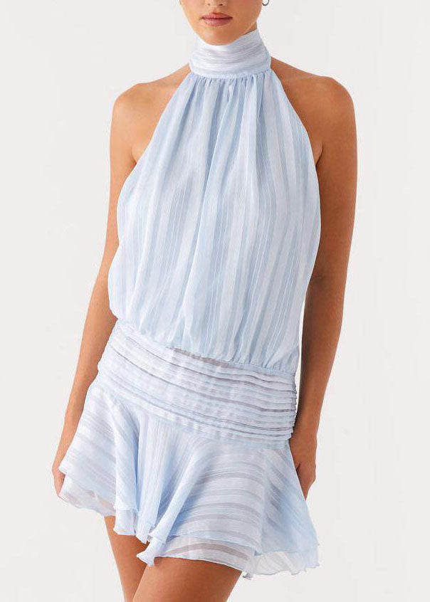 Satin Halter Neck Smocked Waist Tiered Ruffle Shadow Stripe Mini Dress