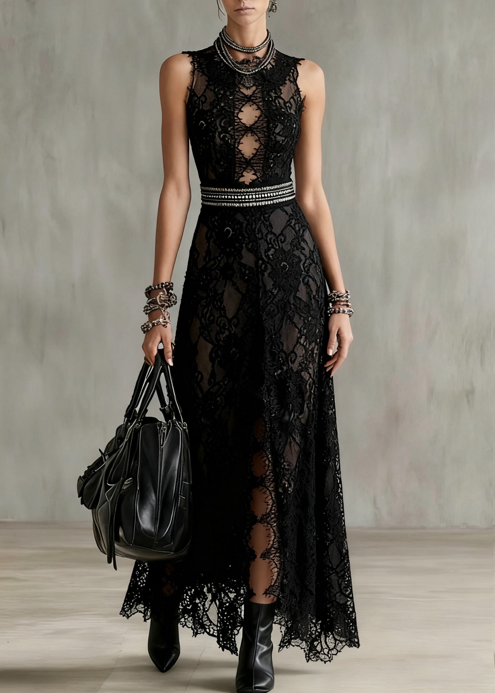 Lace Floral Cut Out Lattice Bodice Studded Waist High Split Sleeveless Maxi Gown