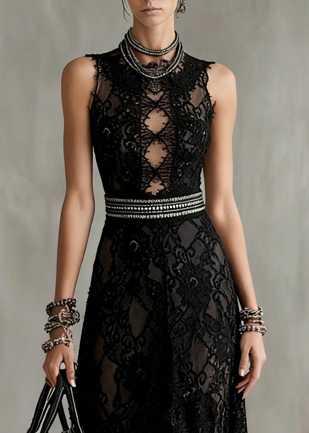 Lace Floral Cut Out Lattice Bodice Studded Waist High Split Sleeveless Maxi Gown