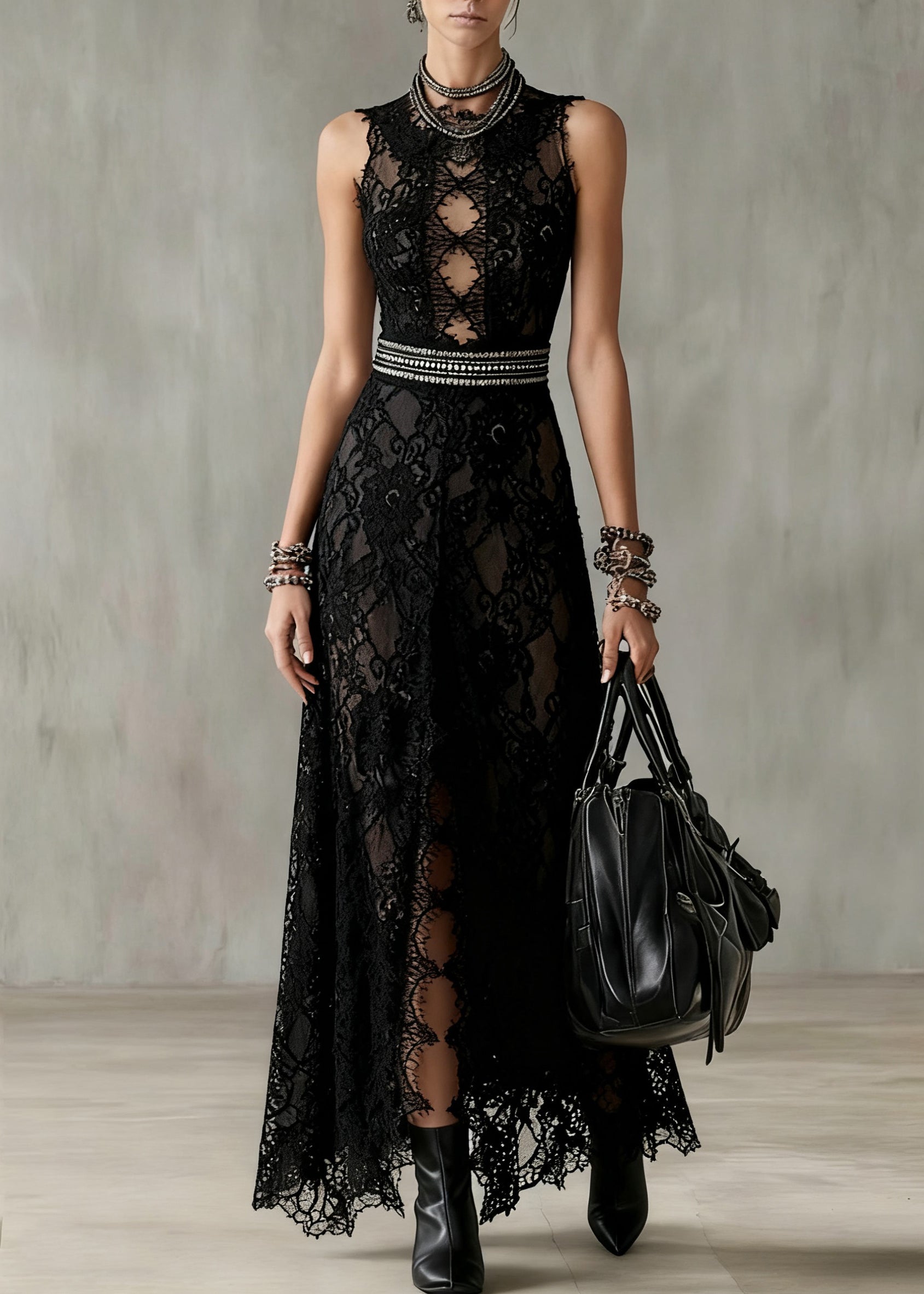 Lace Floral Cut Out Lattice Bodice Studded Waist High Split Sleeveless Maxi Gown