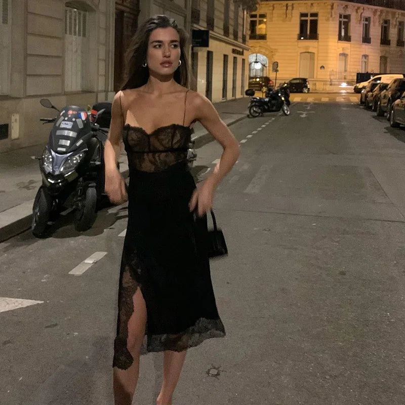 Lace Bustier Spaghetti Strap Lace Hem Midi Slip Dress 2