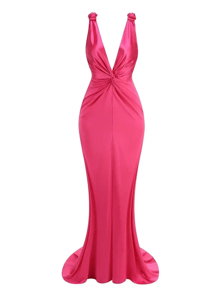Satin Deep V-Neck Twist Front Knot Shoulder Mermaid Maxi Gown 9