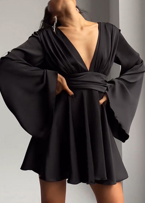 Satin Deep V-Neck Bell Sleeve Ruched Waist Fit and Flare Mini Dress - View 2