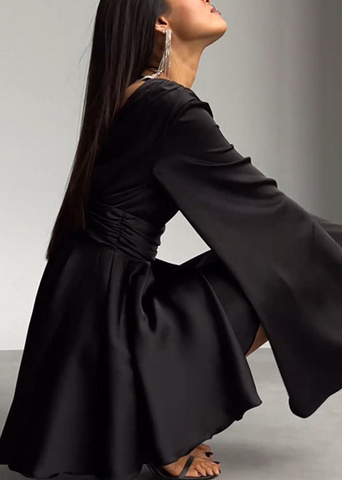 Satin Deep V-Neck Bell Sleeve Ruched Waist Fit and Flare Mini Dress