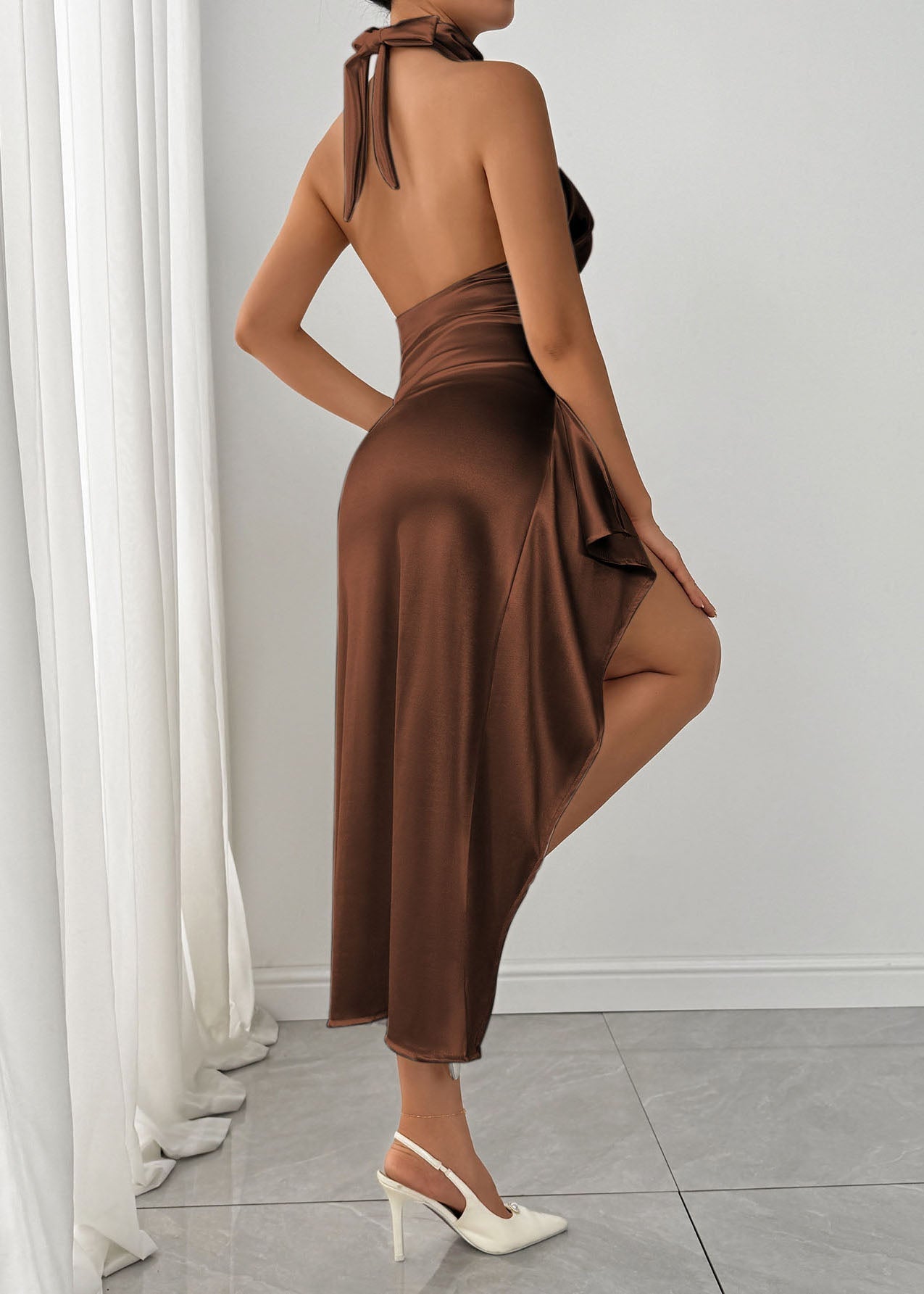 Satin Cowl Halter Neck Cut Out Side Ruched High Split Maxi Gown