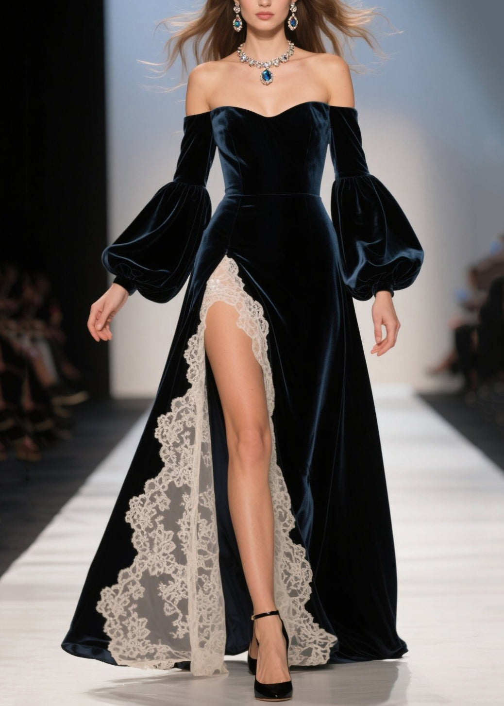 Velvet Off Shoulder Sweetheart Bishop Sleeve Lace Trim High Split Maxi Gown
