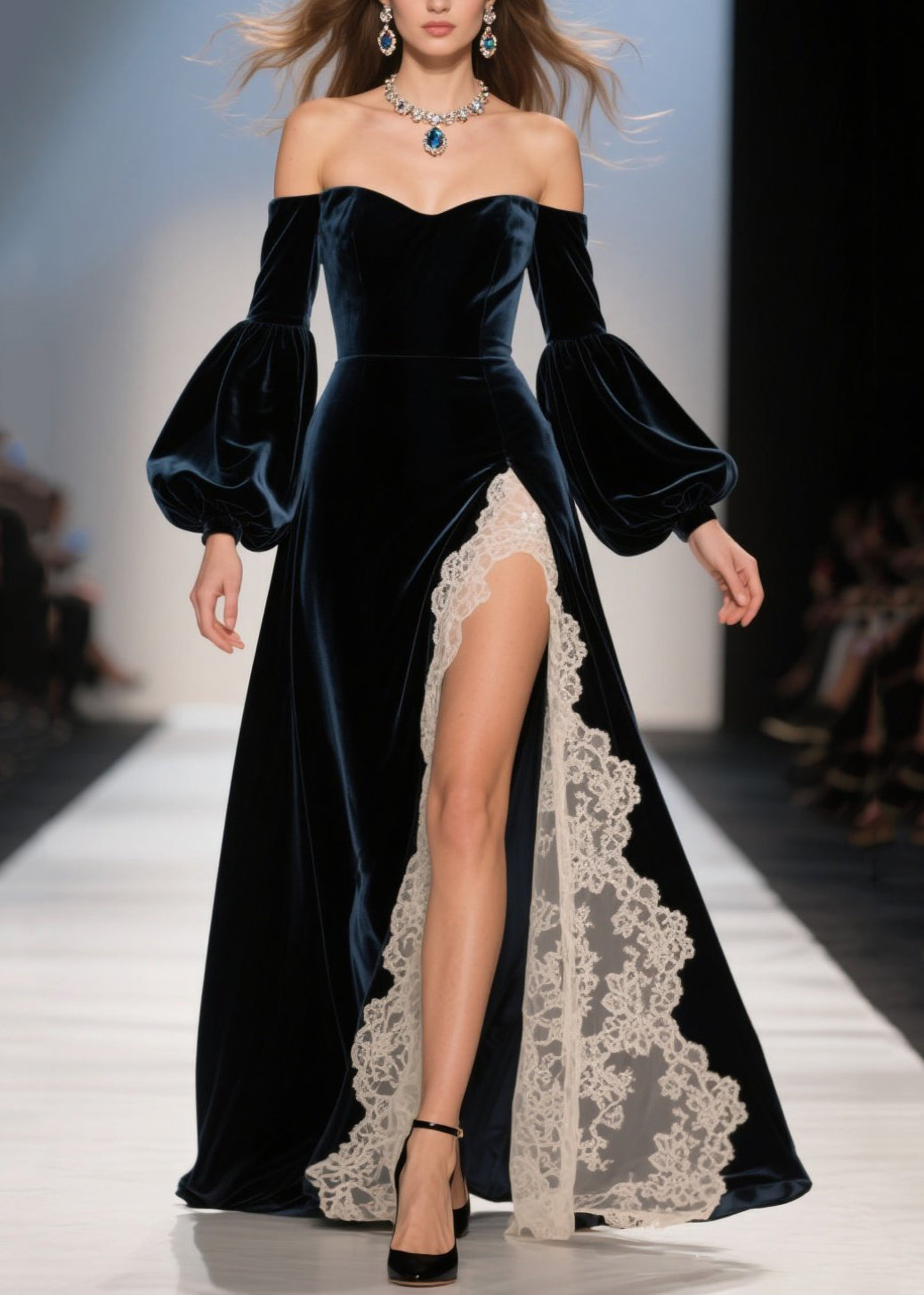 Velvet Off Shoulder Sweetheart Bishop Sleeve Lace Trim High Split Maxi Gown