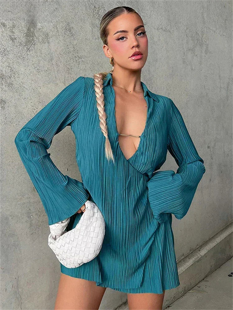 Pleated Collared Deep V-Neck Flared Long Sleeve Mini Shirt Dress