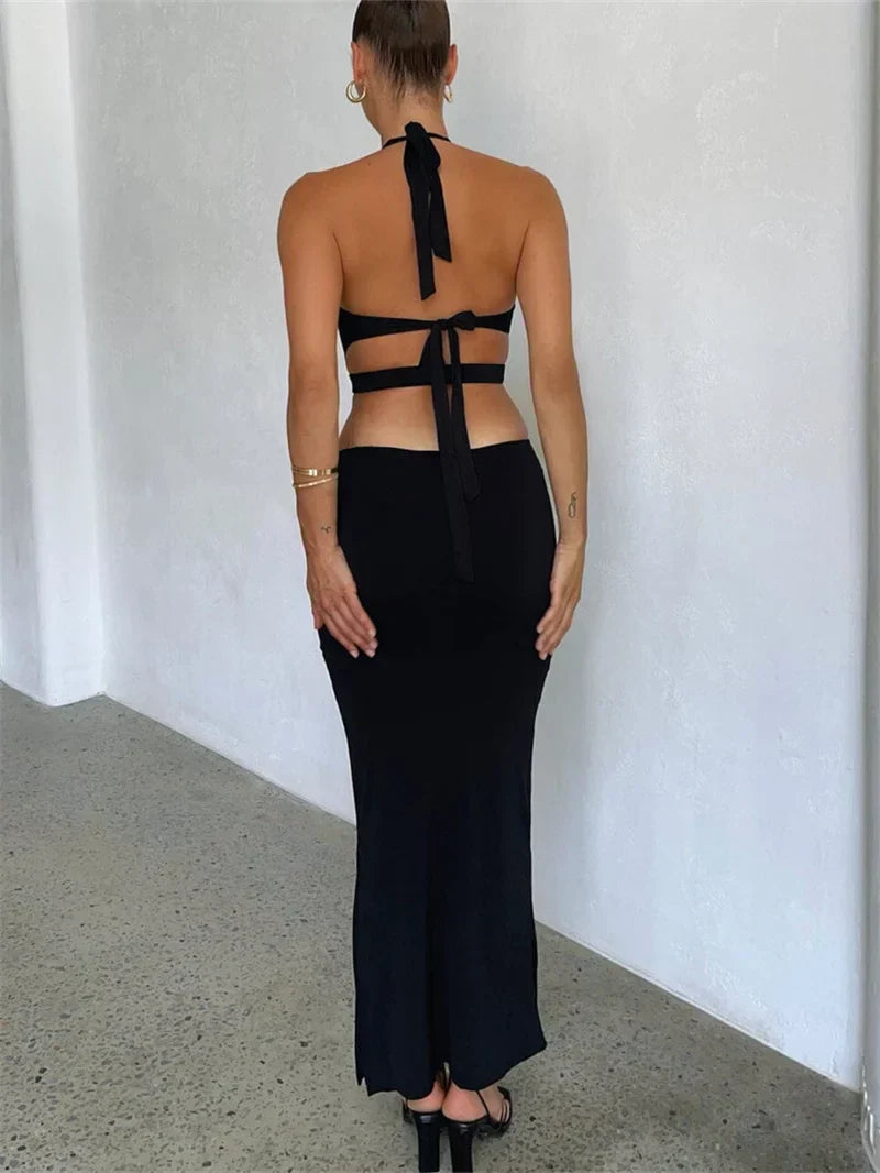 Refined Black Halter Neck Backless Maxi Cut Out Dresses