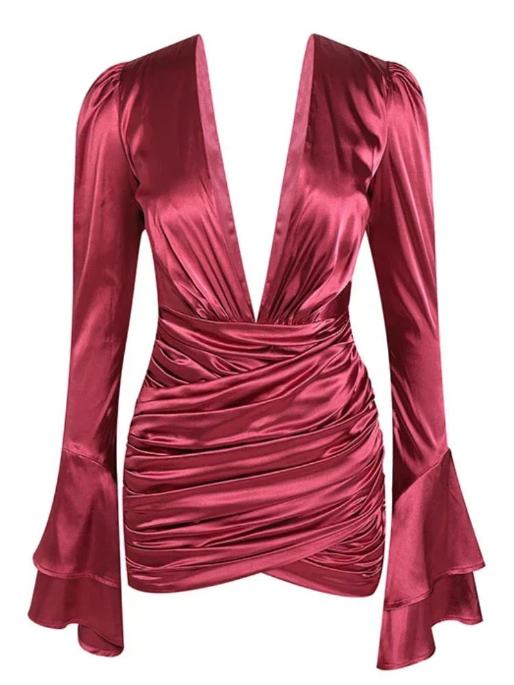 Satin Deep V-Neck Flared Long Sleeve Ruched Wrap Mini Dress 5