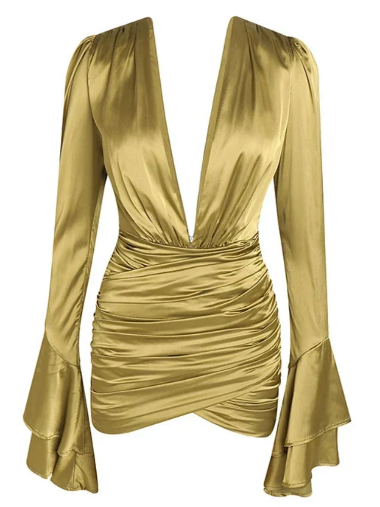 Satin Deep V-Neck Flared Long Sleeve Ruched Wrap Mini Dress 7
