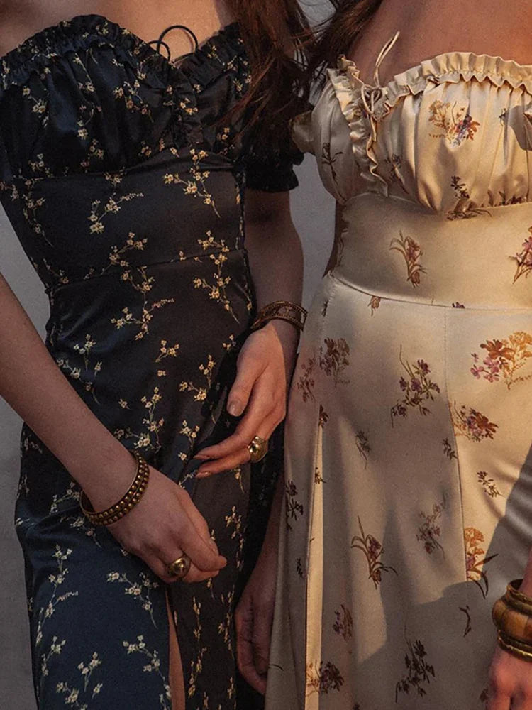 Elegant Summer Vneck Puff Sleeve Beach Floral Dress