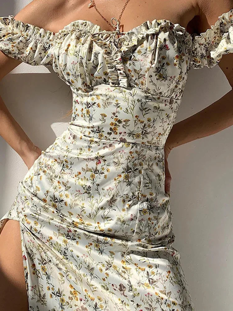 Elegant Summer Vneck Puff Sleeve Beach Floral Dress