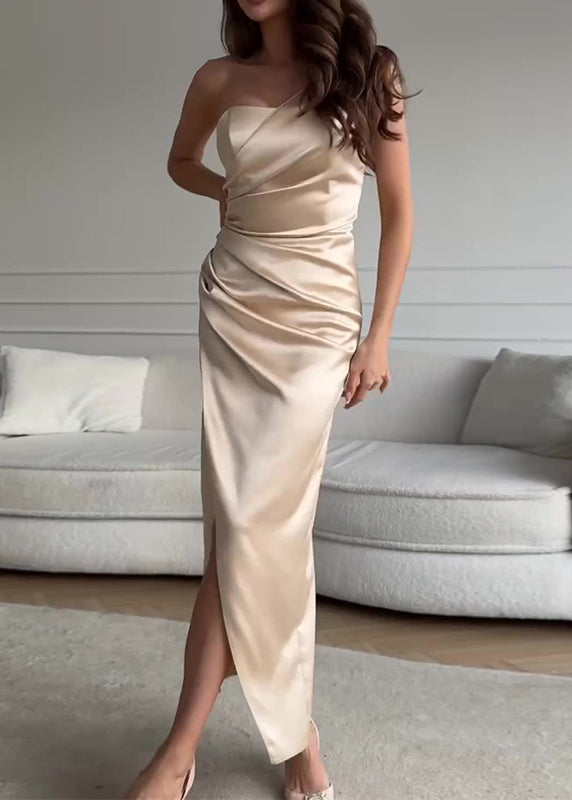 Satin One Shoulder Sleeveless Ruched Diagonal Seam High Split Maxi Dress