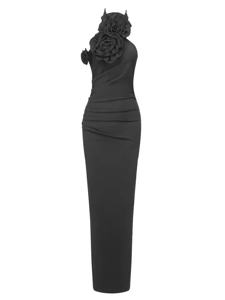 Halter Neck Rosette Applique Sleeveless Ruched Column Maxi Dress 7