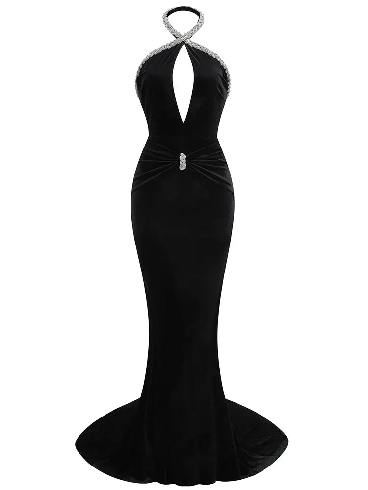 Halter Neck Keyhole Cut Out Beaded Trim Mermaid Train Gown 7
