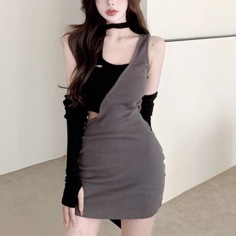 Knit Long Sleeve Cut Out High Split Bodycon Mini Dress