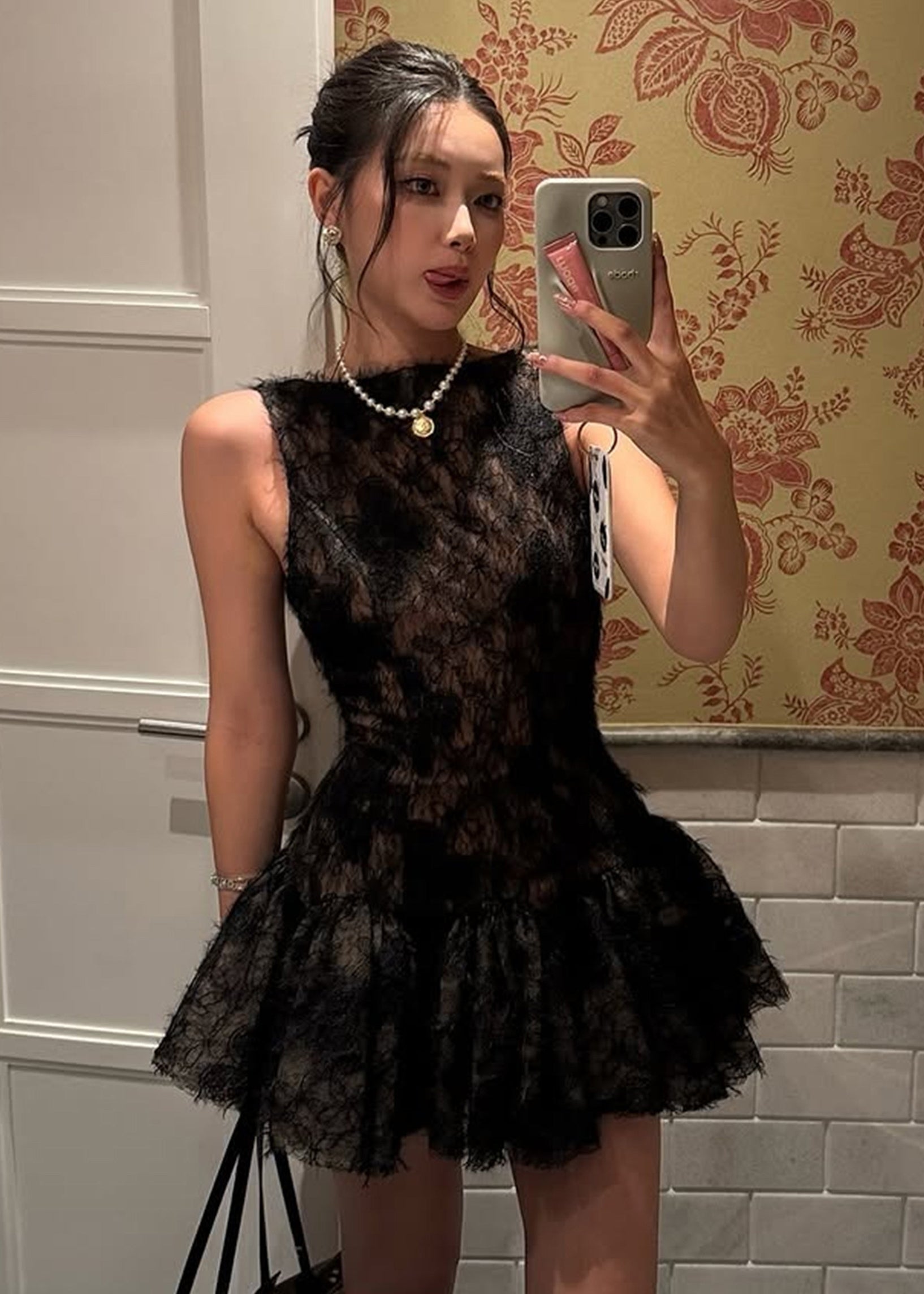 Lace Fringe High Neck Sleeveless Tiered Ruffle Fit and Flare Mini Dress