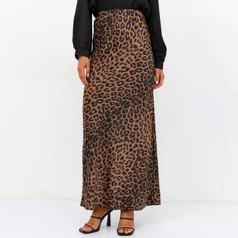 Sexy Leopard Print Long Vintage Satin Skirt