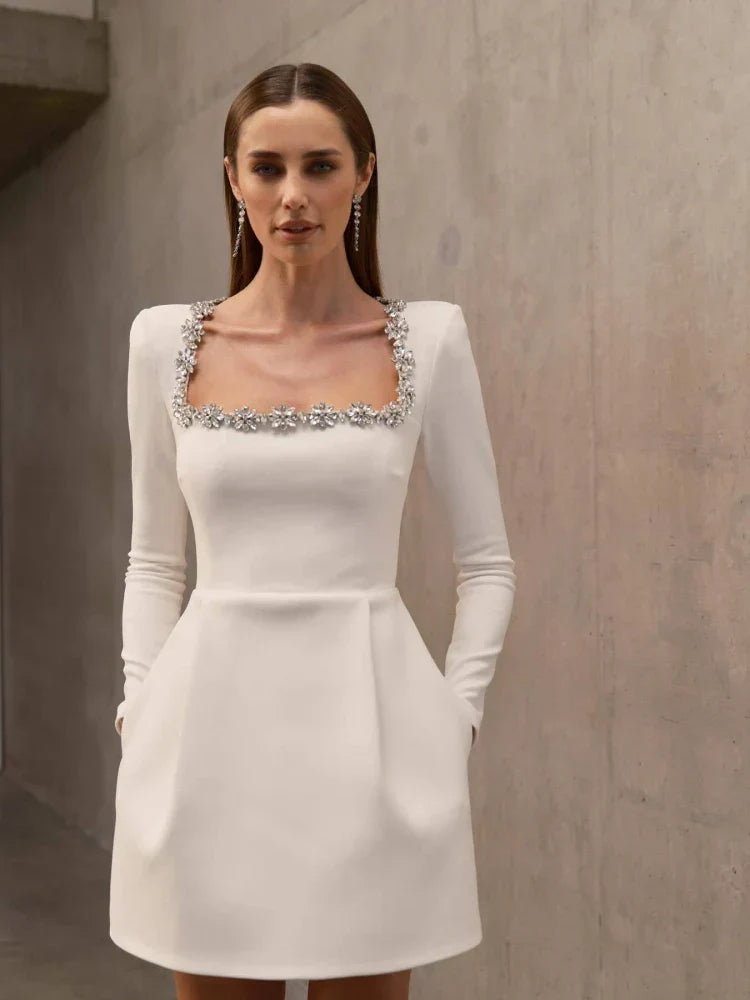 Sexy Long Sleeves Square Collar Crystal A-Line Slim Dress Elegant Party Dress