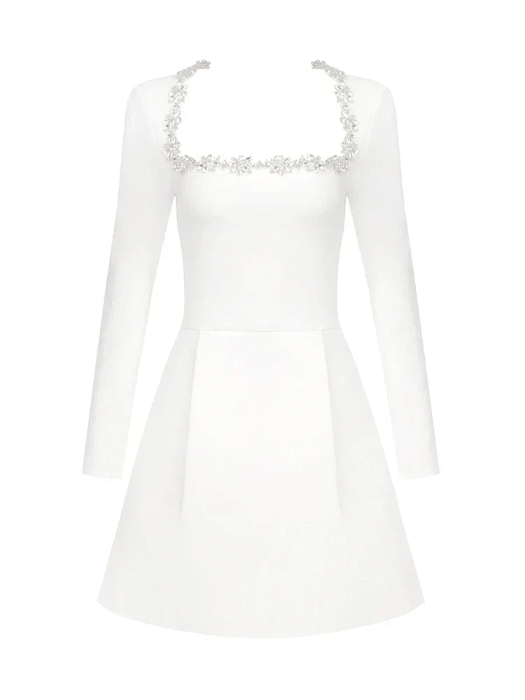 Square Neck Long Sleeve Rhinestone Trim Structured Mini Party Dress 7