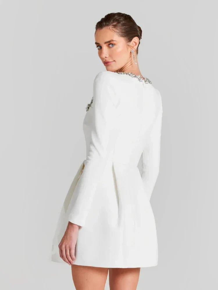 Square Neck Long Sleeve Rhinestone Trim Structured Mini Party Dress 6