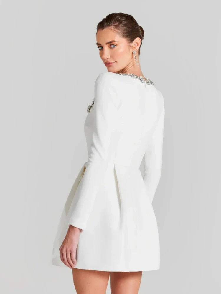 Sexy Long Sleeves Square Collar Crystal A-Line Slim Dress Elegant Party Dress