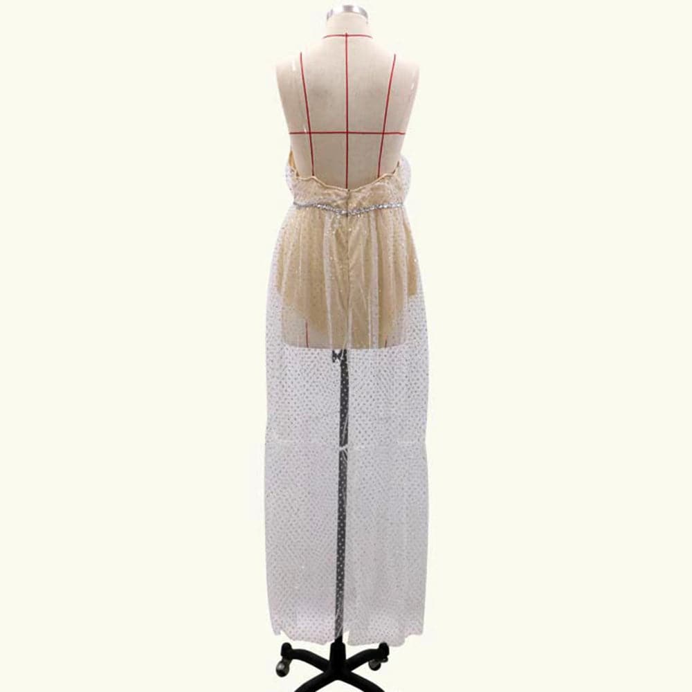 Mesh Sequin Dot Spaghetti Strap Backless Tiered Prom Maxi Gown