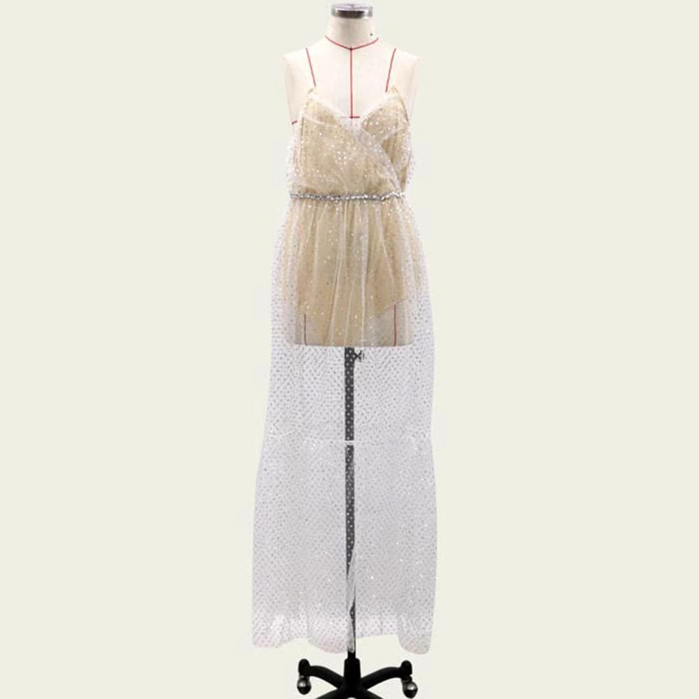 Mesh Sequin Dot Spaghetti Strap Backless Tiered Prom Maxi Gown