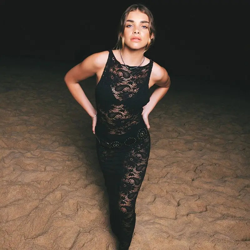 Sheer Floral Lace Sleeveless High Neck Bodycon Maxi Dress