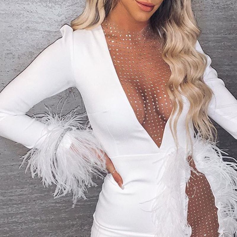 Rhinestone Long Sleeve Feather Cuff High Split Maxi Dress 6