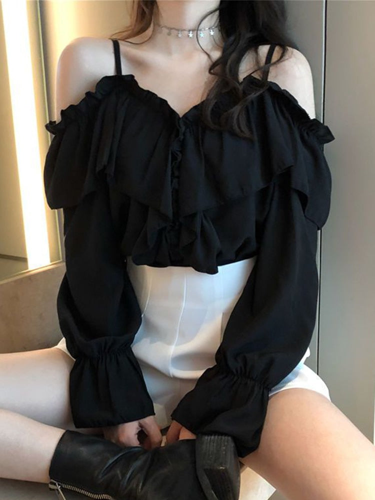 Cold Shoulder Ruffle Trim Button Front Flounce Cuff Long Sleeve Blouse