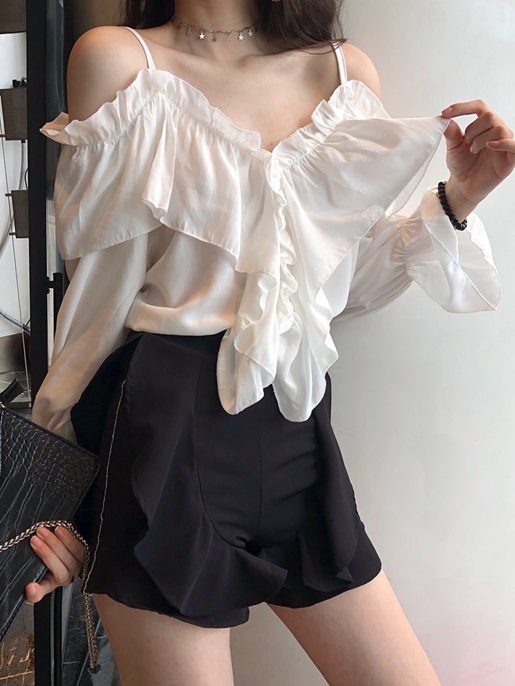 Cold Shoulder Ruffle Trim Button Front Flounce Cuff Long Sleeve Blouse 7