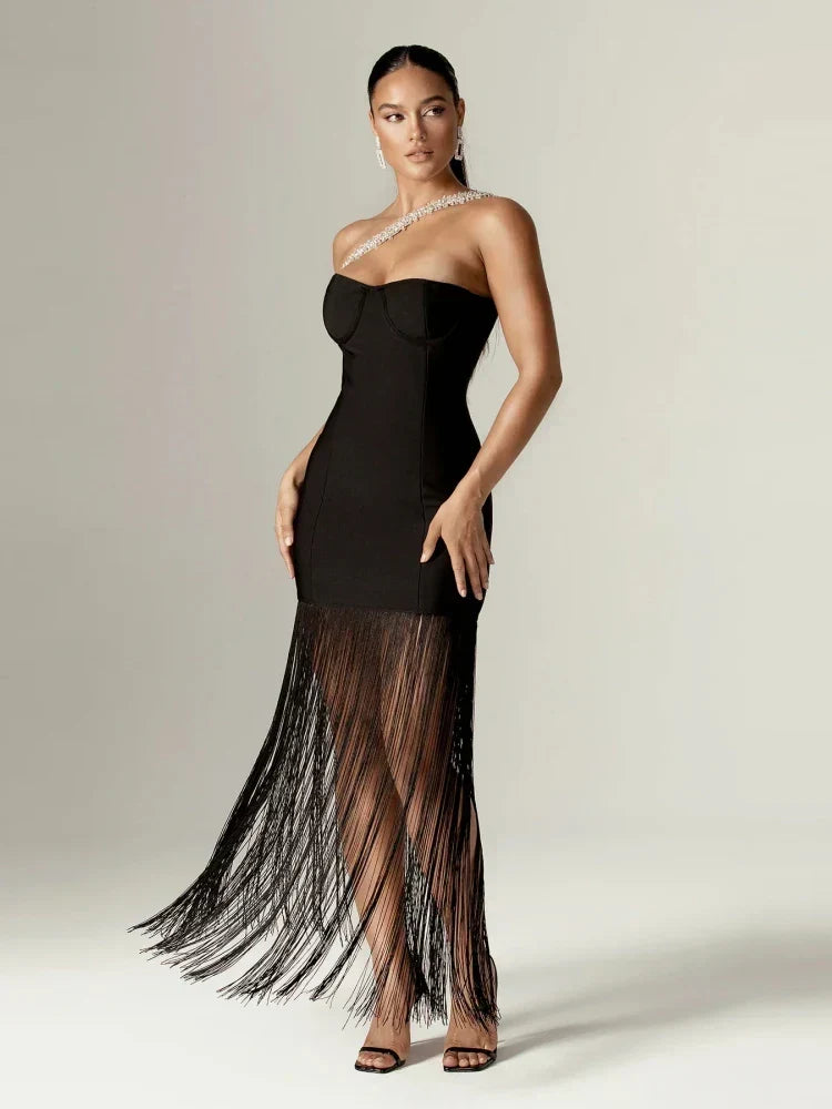 Strapless Bustier Rhinestone Strap Fringe Hem Bandage Maxi Dress 2