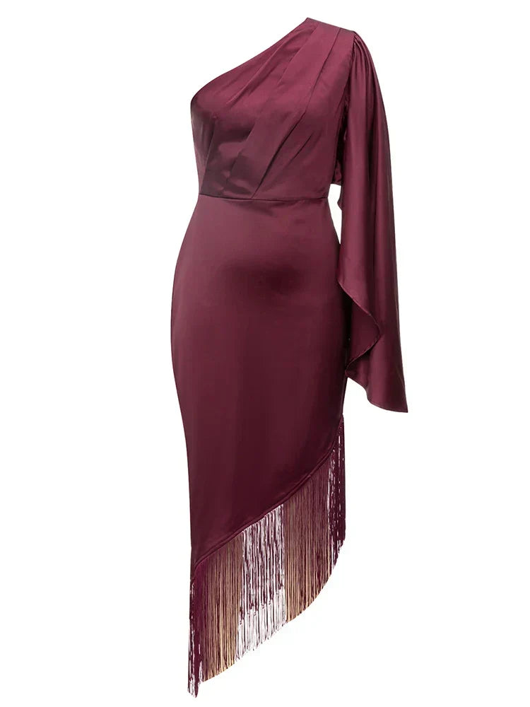 Satin One Shoulder Cape Sleeve Fringe Asymmetric Hem Midi Dress 7