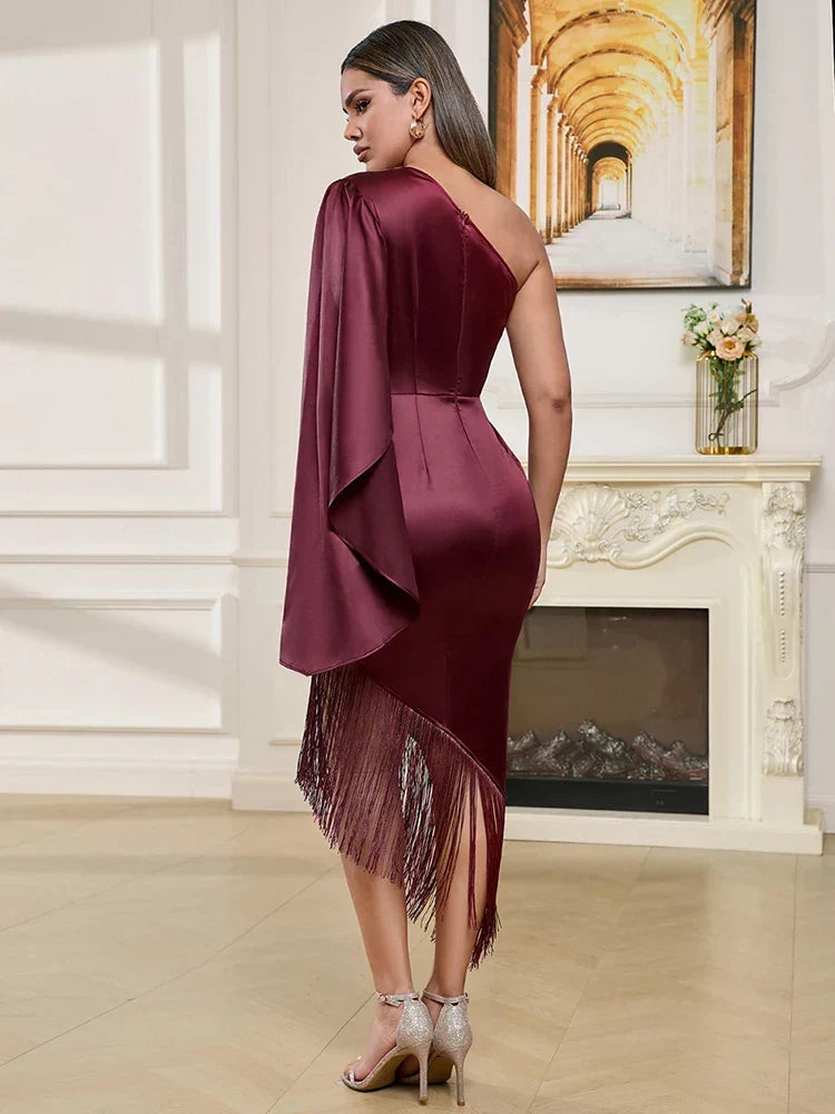 Satin One Shoulder Cape Sleeve Fringe Asymmetric Hem Midi Dress 6