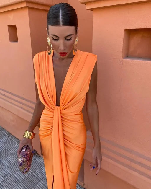 Yvaine - Elegant Pleated Dress Orange